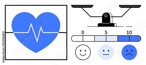 Blue heart with electrocardiogram line, balance scale, numerical gauge, and emotion faces. Ideal for health, wellness, stress management, self-care, emotional tracking healthcare tools simple flat