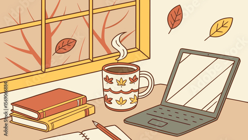 Illustration of a cozy desk setup with a laptop, books, coffee, and autumn leaves near a window pane