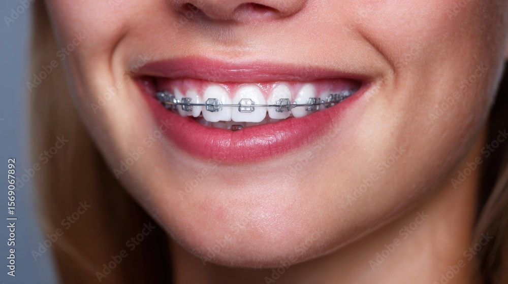 Obraz premium A dynamic clip of a smiling girl wearing braces capturing the orthodontic process and its impact on dental aesthetics reinforcing the significance of maintaining oral care for a beautiful