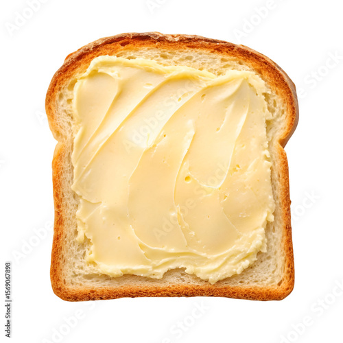 Slice of bread with butter isolated on transparent background for breakfast or food design content

