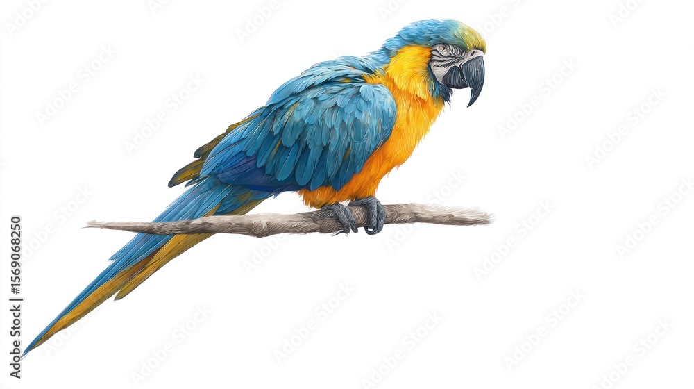 Fototapeta premium Vibrant blue and yellow macaw perched calmly, fully isolated on a clean white background, detailed feathers, sharp focus, perfect for wildlife content and educational visuals