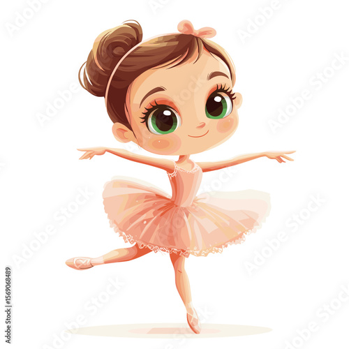 Cute cartoon girl dancing in ballet outfit with pink tutu  