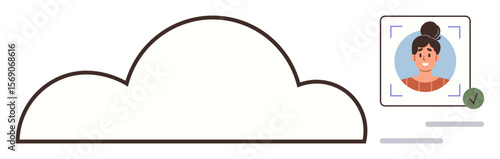 Minimalist cloud shape with a profile photo in a frame, identification verification checkmark. Ideal for cloud data storage, user authentication, online security, digital profiles, internet services