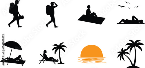 Summer Holiday Vacation Silhouettes Travelers, Sunbathers, Beach Scenes with Palm Trees, Umbrellas, and Sunset Icon, Perfect for Travel and Leisure Designs.