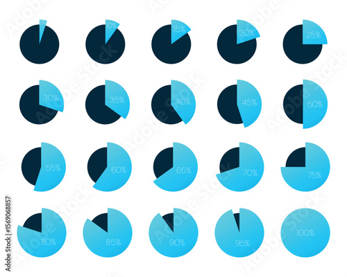 5 10 15 20 25 30 33 35 40 45 50 55 60 65 70 75 80 85 90 95 100 percent charts. Vector percentage infographics. Diagrams set. Illustrations for business, finance, growth
