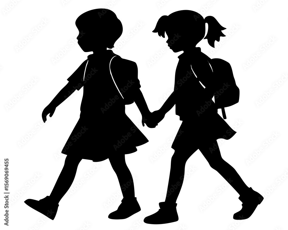 Two young girls with backpacks walking hand in hand Two young girls with backpacks walking hand in hand