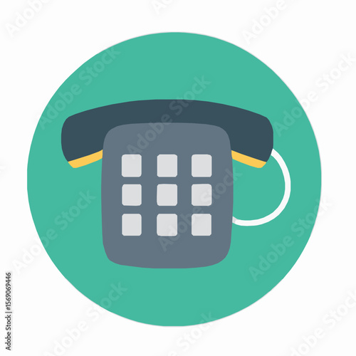 Flat design illustration of a retro landline telephone within a green circle.
