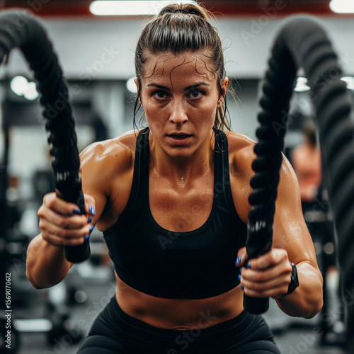 Closeup Portrait of a Sweaty Woman Doing Battle Rope Workout in a Gym