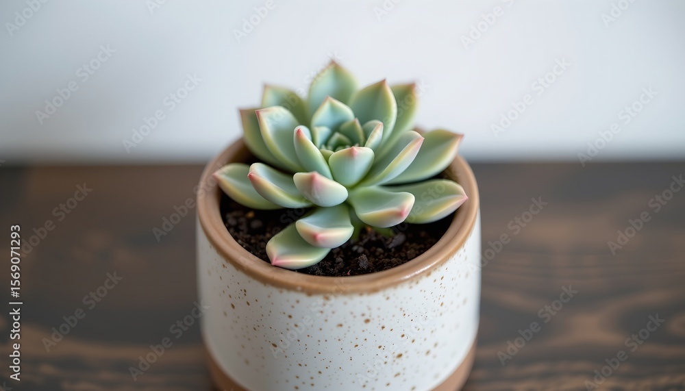 a light green plant is potted in a ceramic container. the plant has many leaves that spiral inward, with the outer leaves showing a light pink hue on their ends a light green plant is potted in a ceramic container. the plant has many leaves that spiral inward, with the outer leaves showing a light pink hue on their ends