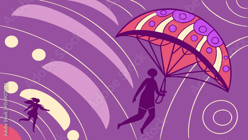 Abstract purple skydiving adventure illustration with woman and parachute design concept vector art