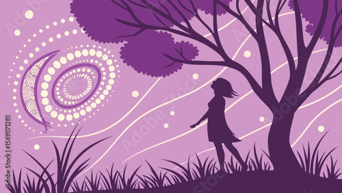 Abstract purple landscape with woman under tree looking at moon art vector design image