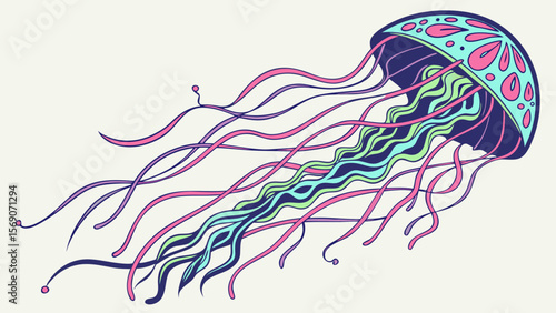 Explore vibrant jellyfish illustration with flowing tentacles and colorful sea life design element for graphics