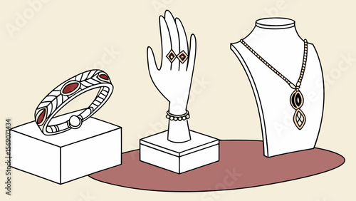 Jewelry display with necklace bracelet and rings fashion accessories shop window fine jewelry showcase design
