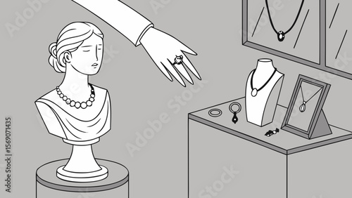 Jewelry store showcase with necklaces rings and bust for sale in a retail shop display case art