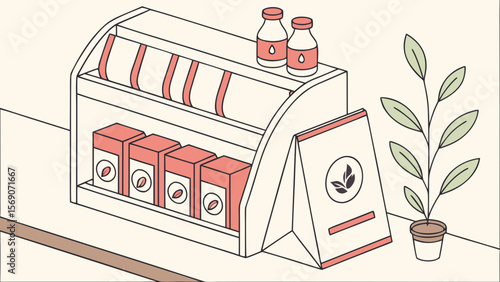 Organic product display shelf with natural supplements and plant in a minimalist style design concept