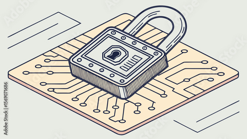 Cybersecurity padlock on circuit board for data protection and network security concept illustration