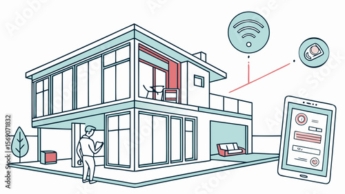 Smart home automation system concept with wireless technology and modern house design illustration