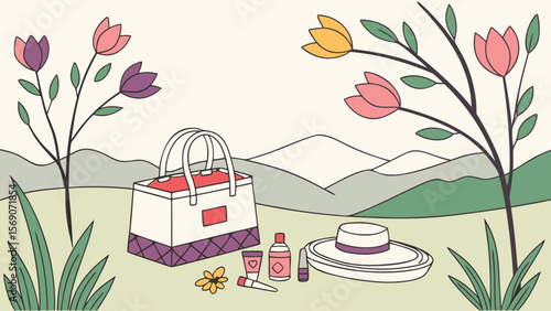 Spring picnic with beauty products and accessories in nature landscape illustration art design
