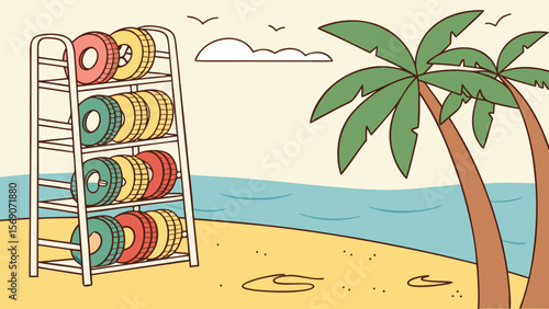 Beach toy storage rack with colorful ring toys near palm trees summer vacation and fun at the beach scene