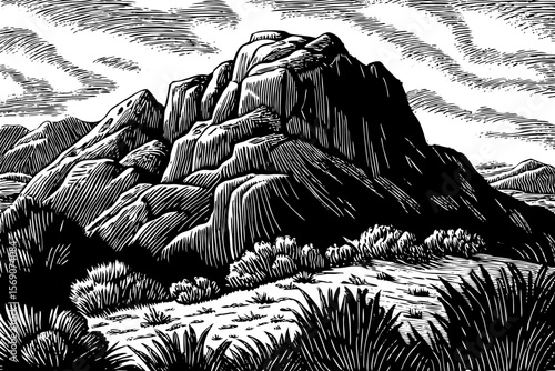rocky mountain with sparse grass patches and hardy shrubs adapted to high elevation a black and white line art illustration