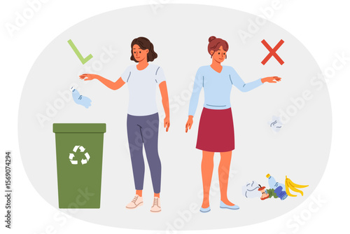 Conscious woman throwing plastic into trash can, standing near deep girl throwing waste on ground. Concept of population literacy in recycling waste and developing caring attitude towards environment