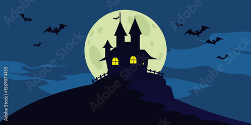 Spooky Halloween night with a haunted house and castle silhouette under a full moon, surrounded by bats and gnarled trees, perfect for a dark autumn celebration illustration