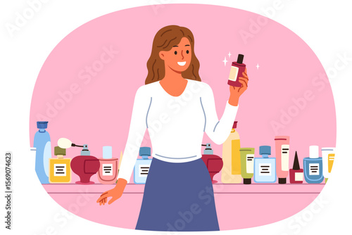 Woman cosmetologist chooses best perfume or lotion to remove wrinkles, standing near shelf with large assortment of cosmetics. Girl cosmetologist with smile demonstrates new skin care gel