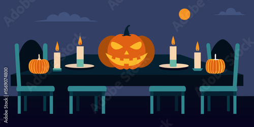 Spooky Halloween pumpkin with flickering candles casts an orange glow in the dark, a scary autumn night decoration