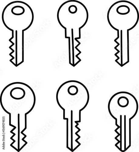 Outlined Key Icon Set, Line art Vector Door Security and Lock Illustration