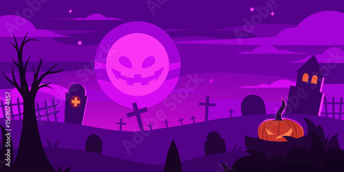 Spooky Halloween night landscape with a couple's silhouette under a moonlit sky, illustrating dark trees and city lights