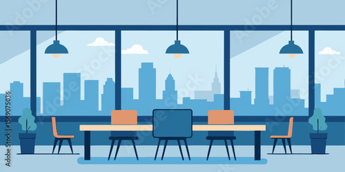 Comfortable chairs and wooden tables define the inviting interior design of this empty restaurant dining room with large windows