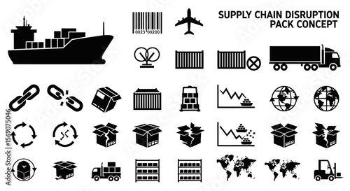 Supply Chain Disruption Icons with Logistics Problem.