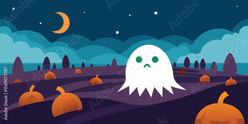 Spooky vector Halloween landscape at night with a moonlit sky and silhouette trees