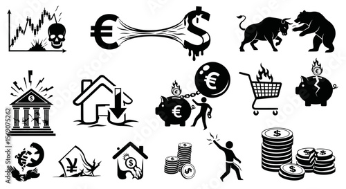 Stock Market Risk Icons with Finance, Vector, and Black.
