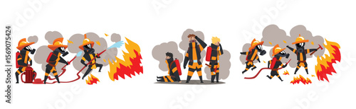 Man Firefighter Character in Uniform with Firefighting Equipment Vector Set