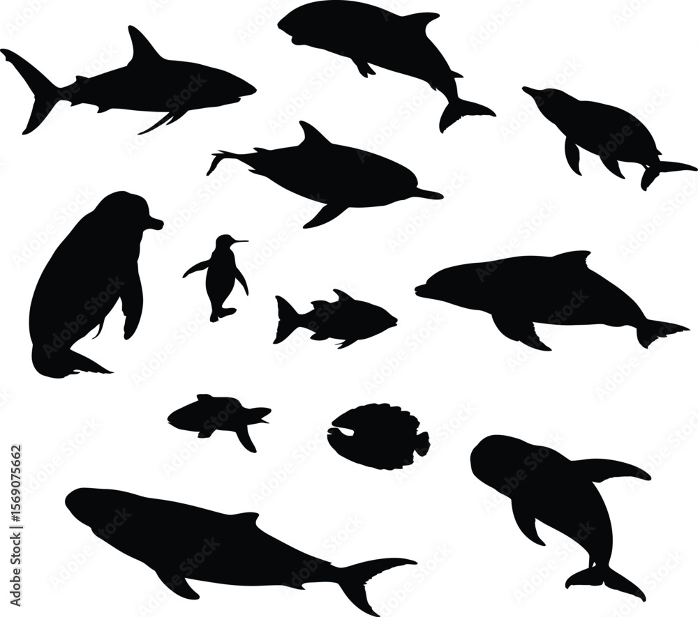 Fototapeta premium Silhouette illustration of various sea animals white background.