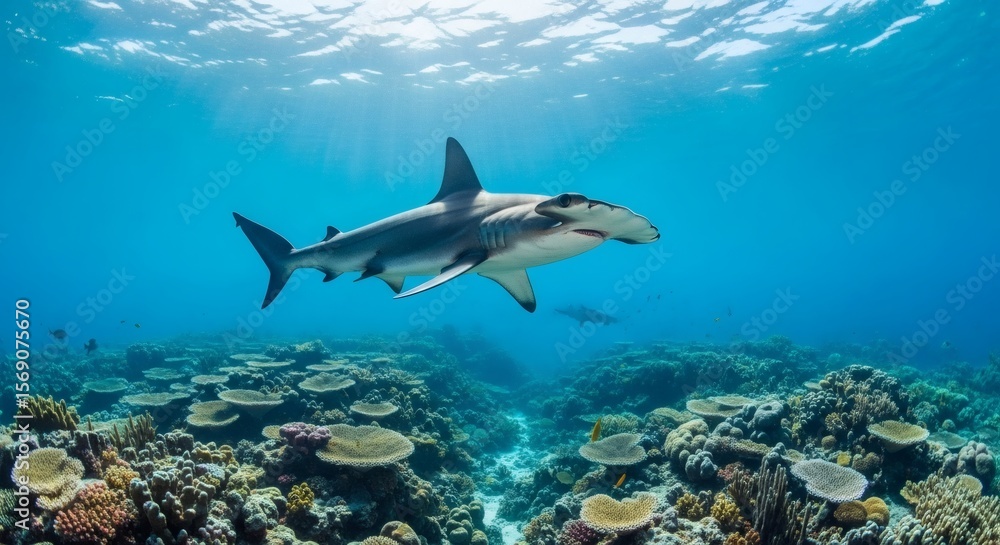 Fototapeta premium Majestic Shark and Reefs: A solitary shark elegantly glides through crystal-clear ocean waters, its sleek form contrasting against the vibrant backdrop of a bustling coral reef.