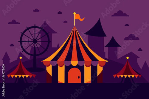 A vibrant vector illustration of a striped circus tent with flags against a sky, perfect for a carnival poster or festival event