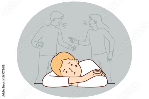 Sad boy sits near conflict of parents not paying attention to son with psychological troubles