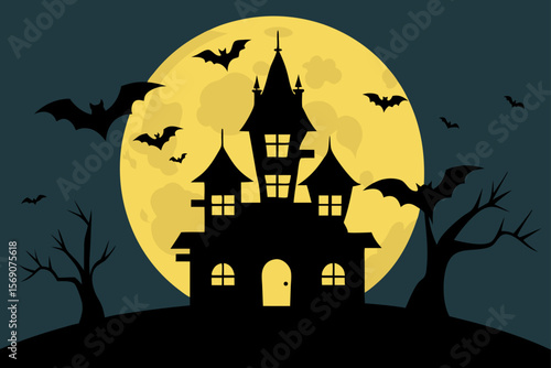 A spooky Halloween night background illustration featuring a haunted house or castle silhouette with bats, a full moon, and scary pumpkins among dark autumn trees
