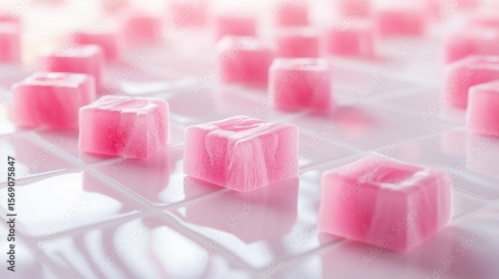 **Pink candy pieces aligned in perfect symmetry on a glossy white ceramic tile with sharp, crisp lighting **Pink candy pieces aligned in perfect symmetry on a glossy white ceramic tile with sharp, crisp lighting