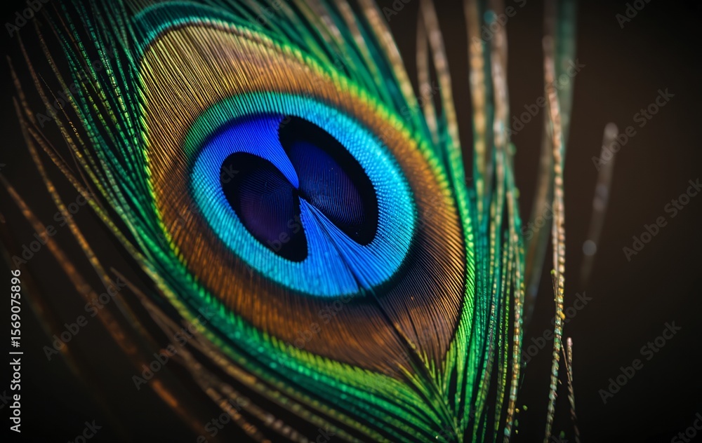 Naklejka premium Close up vibrant detailed view of a colorful peacock feather glowing with iridescent hues and