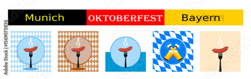 From the "oktoberfest" series, a sausage on a fork with different variants of bavarian patterns and backgrounds	