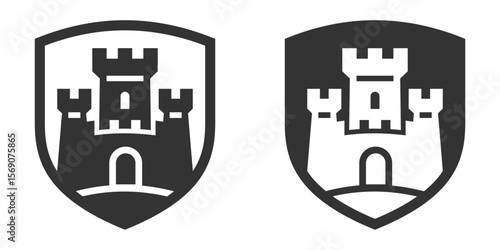 Castle fortress emblem icon in black and white shield. Vector.