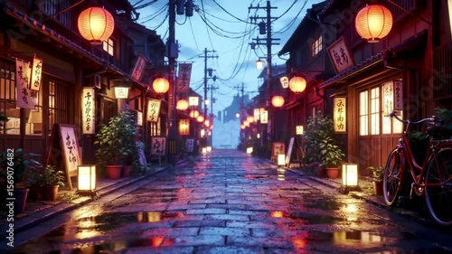 Wallpaper Mural Anime-Style Japanese Street at Dusk with Lanterns, Wet Pavement, and Red Bicycle. Traditional Architecture and Serene Twilight Ambience with Warm Lighting Reflections Torontodigital.ca