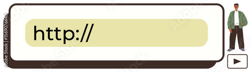 URL bar design featuring http text, a sleek businessman figure on the side, and a play button. Ideal for web design, navigation, user experience, online search, technology, simplicity internet