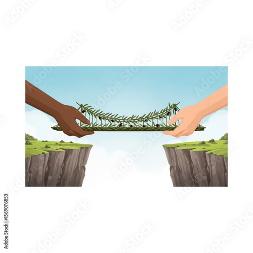 Two hands bridge a gap between cliffs with a verdant structure.