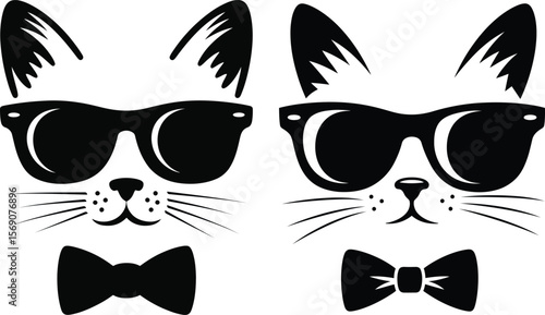 stylized Silhouette cat faces wearing sunglasses and bowties vector illustration