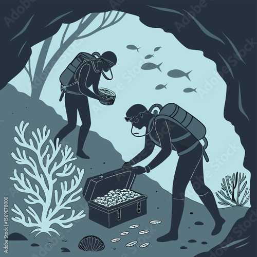 Two scuba divers discover a treasure chest filled with pearls in an underwater cave with fish swimming by