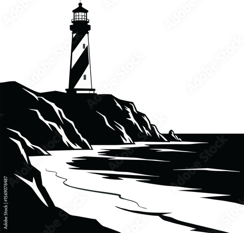 Black and white illustration of a lighthouse standing on a rocky cliff overlooking the sea.